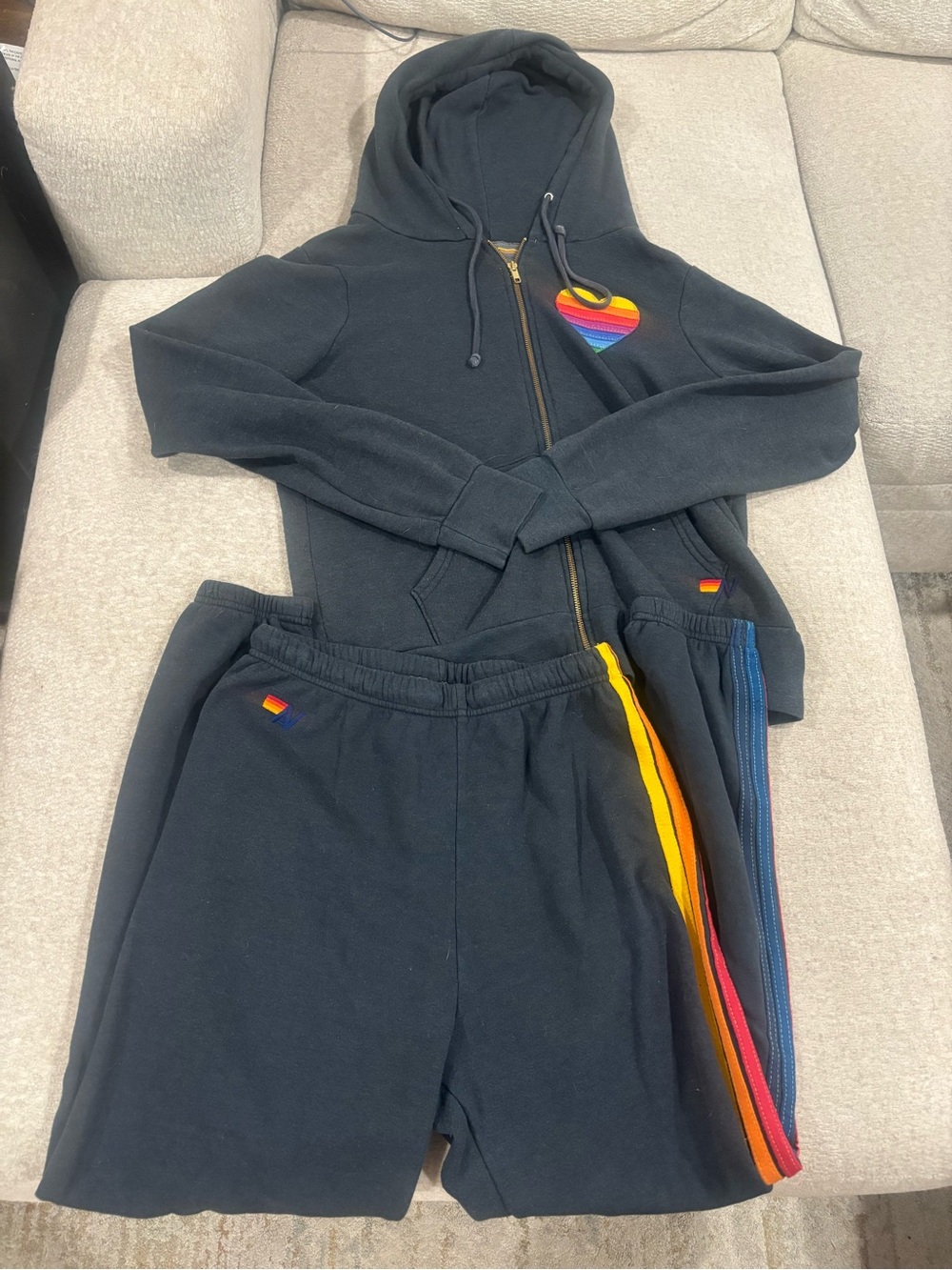 Aviator Nation Gray Zip Hoodie & Sweatpants Set with Rainbow Heart Patch